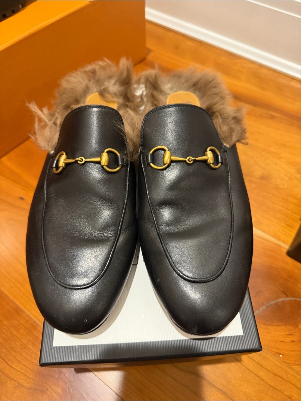 Gucci Black Leather Fur-Lined Horsebit Mules